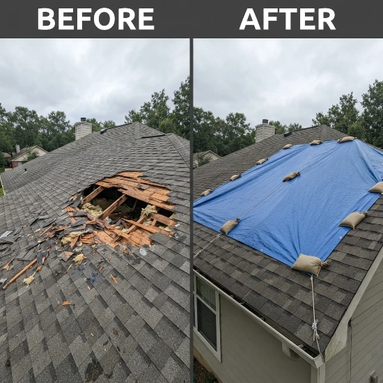 Emergency roof leak repair before and after — large storm damage hole in shingle roof secured with a blue tarp and sandbags