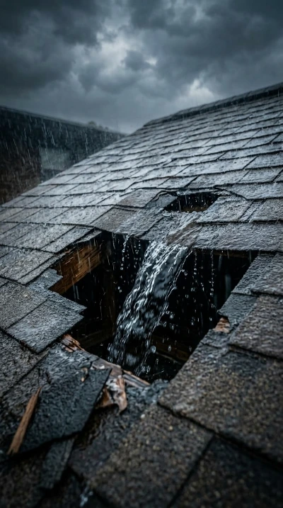 Emergency roof leak with heavy water damage during rainstorm - urgent roof repair needed