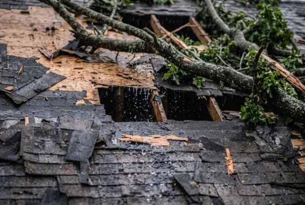 Emergency roof leak with a fallen tree, exposed roof decking, damaged shingles, and rainwater entering the home.