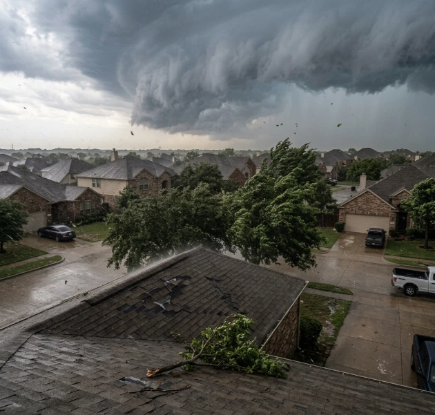 Emergency Roof Leak Detection & Repair needed after storm damage - dark tornado clouds over neighborhood rooftops