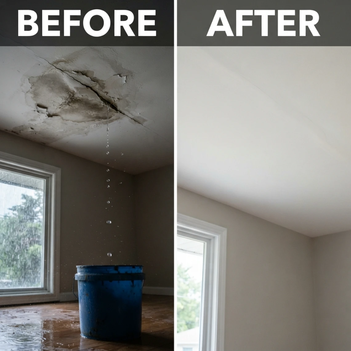 Emergency roof leak repair before and after — damaged ceiling with active water leak dripping into a bucket restored to a clean, smooth painted ceiling