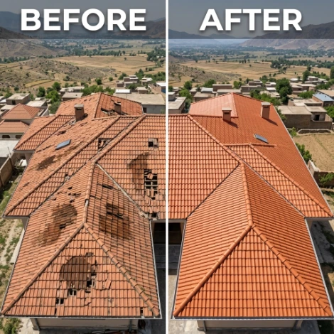 Tile roof repair before and after — house rooftop with multiple broken and missing tiles restored to a fully intact terracotta tile roof