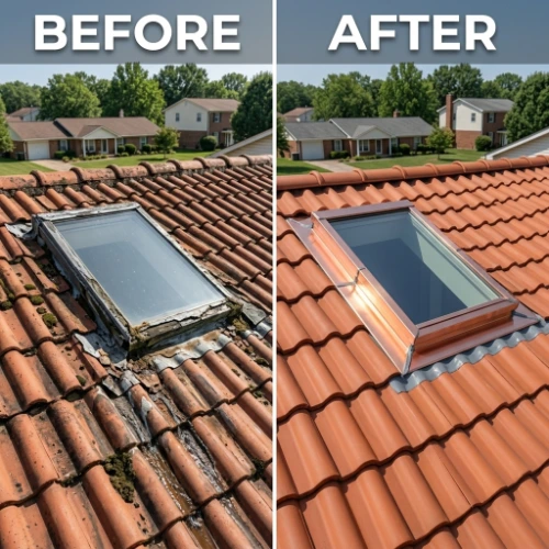 Roof flashing leak before and after — damaged, mossy skylight flashing on tile roof restored with new copper flashing