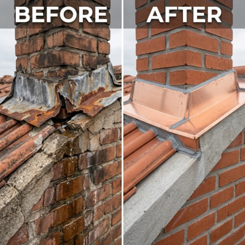 Roof flashing leak before and after — rusted, damaged chimney flashing restored with new copper flashing installation