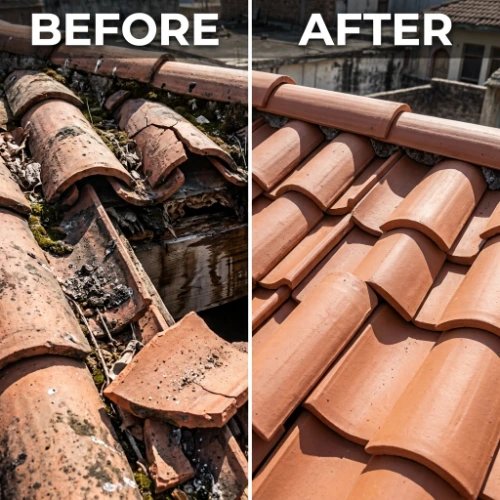 Tile roof repair before and after — cracked, mossy clay tiles with debris buildup restored to clean, undamaged terracotta roof tiles