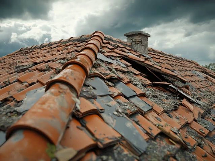 Old weathered tile roof with broken and missing tiles - Tile Roof Leaking After Rain due to storm damage