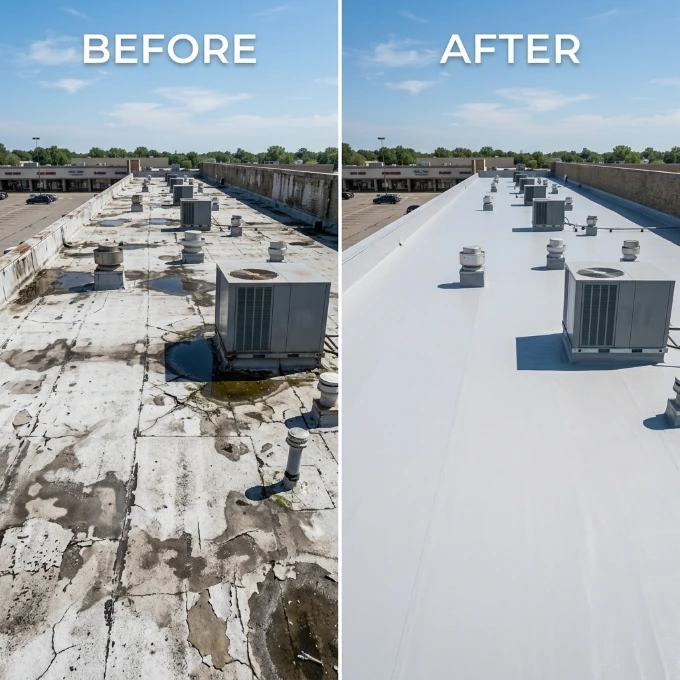 Before and after commercial roof leak repair showing a damaged, ponding flat roof restored to a clean, watertight surface