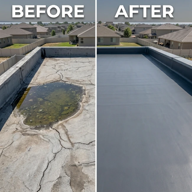 Flat roof leak repair before and after — cracked rooftop with stagnant water pooling restored to a smooth, sealed waterproof membrane