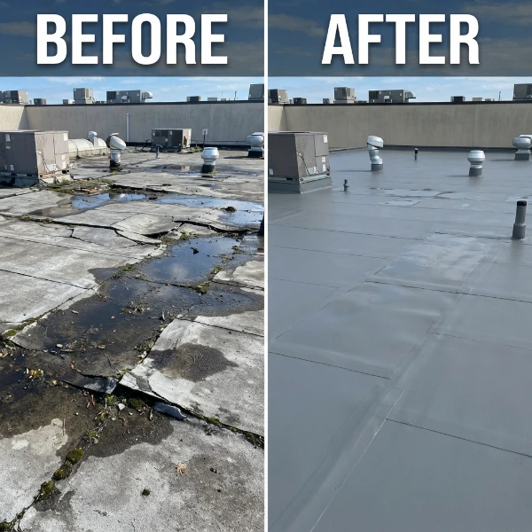 Before-and-after comparison showing a damaged commercial flat roof with standing water and deteriorated surfaces, alongside a clean, newly restored roof membrane.
