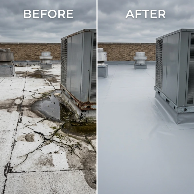 Before and after commercial roof leak repair showing cracked, water-damaged flat roofing replaced with a smooth, sealed white membrane around an HVAC unit