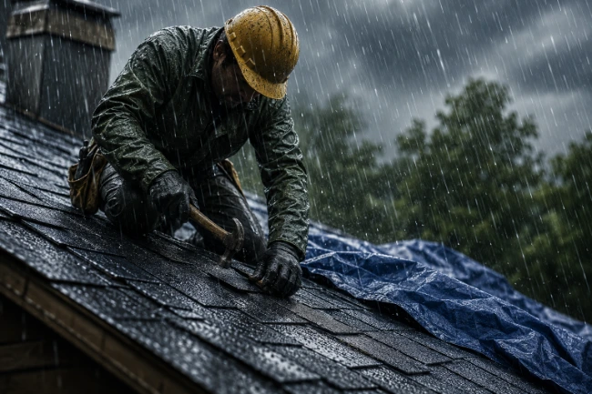 Professional roofer repairing a wet roof during heavy rain with a hammer and blue protective tarp. Emergency roof repair 24/7.