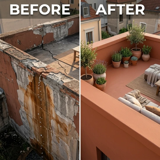 Flat roof leak repair before and after — cracked, water-damaged rooftop wall with visible leaking restored into a fully renovated terracotta rooftop terrace