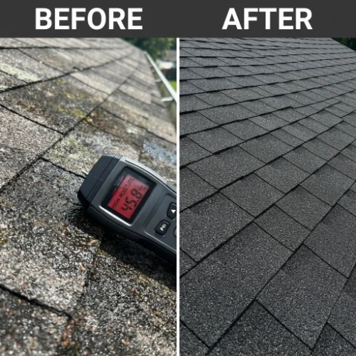 Roof leak detection repair before and after — moisture meter reading high moisture on mossy shingles restored to clean, dry new roof shingles