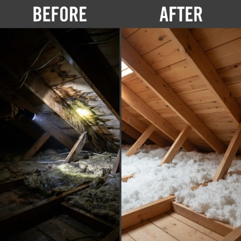 Roof leak detection repair before and after — dark attic with flashlight revealing water-stained wooden beams restored to a dry, clean attic with new insulation