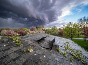 Storm-damaged shingle roof with lifted shingles, scattered branches and leaves, under dark spring storm clouds.