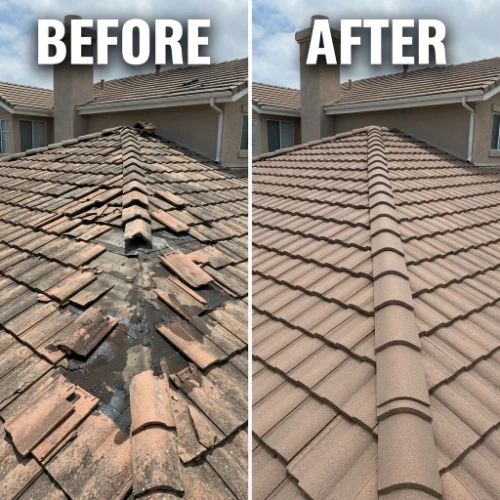 Before-and-after comparison of a damaged tile roof with broken and missing tiles versus a clean, fully repaired roof with uniform tiles.
